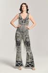 Buy_Bling Empire_Black Mesh Beads, Fringe V-neck Luxe Noir Embellished Jumpsuit _at_Aza_Fashions