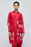 Buy_Balance By Rohit Bal_Red Chanderi Collared Floral Print Tunic _Online_at_Aza_Fashions