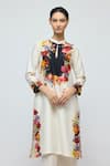 Balance By Rohit Bal_Ivory Chanderi, Voile Mandarin Collar, Keyhole Floral Print Tunic With Pant _Online_at_Aza_Fashions