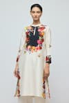Buy_Balance By Rohit Bal_Ivory Chanderi, Voile Mandarin Collar, Keyhole Floral Print Tunic With Pant _Online_at_Aza_Fashions