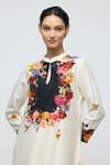 Shop_Balance By Rohit Bal_Ivory Chanderi, Voile Mandarin Collar, Keyhole Floral Print Tunic With Pant _Online_at_Aza_Fashions