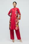 Buy_Balance By Rohit Bal_Red Chanderi, Voile Mandarin Collar Floral Print Tunic With Pant _at_Aza_Fashions