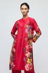 Shop_Balance By Rohit Bal_Red Chanderi, Voile Mandarin Collar Floral Print Tunic With Pant _Online_at_Aza_Fashions