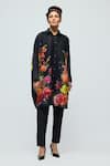Buy_Balance By Rohit Bal_Black Chanderi Collared, Button-down Neck Floral Print Tunic _Online_at_Aza_Fashions