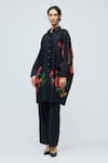 Balance By Rohit Bal_Black Chanderi Collared, Button-down Neck Floral Print Tunic _Online_at_Aza_Fashions