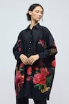 Buy_Balance By Rohit Bal_Black Chanderi Collared, Button-down Neck Floral Print Tunic _at_Aza_Fashions