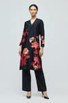 Buy_Balance By Rohit Bal_Black Chanderi, Voile V-neck Floral Print Tunic With Pant _at_Aza_Fashions