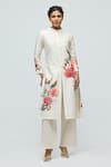Buy_Balance By Rohit Bal_Ivory Chanderi, Voile Mandarin Collar, Button-down Floral Print Tunic With Pant _at_Aza_Fashions