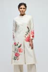 Balance By Rohit Bal_Ivory Chanderi, Voile Mandarin Collar, Button-down Floral Print Tunic With Pant _Online_at_Aza_Fashions