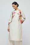 Shop_Balance By Rohit Bal_Ivory Chanderi, Voile Mandarin Collar, Keyhole Floral Print Tunic With Pant _Online_at_Aza_Fashions
