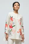 Buy_Balance By Rohit Bal_Ivory Chanderi, Voile Mandarin Collar Floral Print Tunic With Pant _Online_at_Aza_Fashions