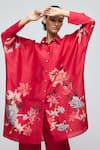 Buy_Balance By Rohit Bal_Red Chanderi Collared Floral Print Tunic _at_Aza_Fashions