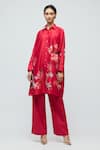 Shop_Balance By Rohit Bal_Red Chanderi Collared Floral Print Tunic _Online_at_Aza_Fashions