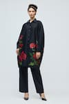 Balance By Rohit Bal_Black Chanderi Collared, Button-down Neck Floral Print Tunic _at_Aza_Fashions