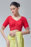 Buy Naintara Bajaj Red Silk Sequins, Zari Open Neck Embroidered Saree Blouse at Aza Fashions Buy_Naintara Bajaj_Red Silk Sequins, Zari Open Neck Embroidered Saree Blouse _at_Aza_Fashions