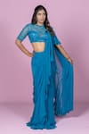 Buy Damoiselle Teal Georgette, Net, Cotton, Lycra, Pre-draped Ruffle Saree With Blouse at Aza Fashions Buy_Damoiselle_Teal Georgette, Net, Cotton, Lycra, Pre-draped Ruffle Saree With Blouse _at_Aza_Fashions