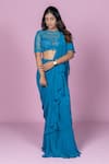 Damoiselle Teal Georgette, Net, Cotton, Lycra, Pre-draped Ruffle Saree With Blouse Online at Aza Fashions Damoiselle_Teal Georgette, Net, Cotton, Lycra, Pre-draped Ruffle Saree With Blouse _Online_at_Aza_Fashions