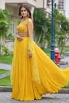 Damoiselle_Yellow Georgette, Net, Organza, Shantoon Sequins, Beads, Marigold Lehenga Set _Online_at_Aza_Fashions