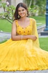 Shop_Damoiselle_Yellow Georgette, Net, Organza, Shantoon Sequins, Beads, Marigold Lehenga Set _Online_at_Aza_Fashions
