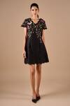 Buy_Shriya Som_Black Lace Embroidery V-neck Floral A-line Dress _at_Aza_Fashions