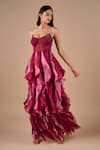 Buy_Shriya Som_Burgundy Organza Beads Bandeau Neck Corset Ruffle Gown _Online_at_Aza_Fashions