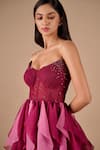 Shriya Som_Burgundy Organza Beads Bandeau Neck Corset Ruffle Gown _at_Aza_Fashions