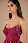 Buy_Shriya Som_Burgundy Organza Beads Bandeau Neck Corset Ruffle Gown 