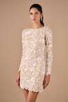 Shriya Som_Beige Lace Embroidery, Beads, Pearls, Sequins Boat Neck, Floral Bodycon Dress _Online_at_Aza_Fashions