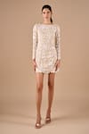 Buy_Shriya Som_Beige Lace Embroidery, Beads, Pearls, Sequins Boat Neck, Floral Bodycon Dress _at_Aza_Fashions
