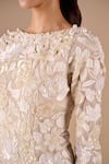 Shop_Shriya Som_Beige Lace Embroidery, Beads, Pearls, Sequins Boat Neck, Floral Bodycon Dress _Online_at_Aza_Fashions