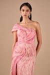 Buy_Shriya Som_Pink Organza Crystals, Stones Asymmetric Two Textured Slit Gown _Online_at_Aza_Fashions