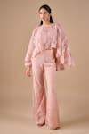 Buy_Shriya Som_Pink Lace, Tulle Lace, Sequins, Embroidery, Pearls Round Flare Cape And Pant Set _at_Aza_Fashions