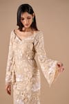 Shriya Som_Beige Lace Sequins, Embroidery, Beads V-neck Floral Dress _Online_at_Aza_Fashions