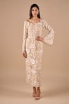 Buy_Shriya Som_Beige Lace Sequins, Embroidery, Beads V-neck Floral Dress _at_Aza_Fashions