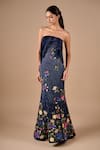 Buy_Shriya Som_Navy Tulle, Organza Embroidery, Draped Column Gown With Floral Textured Cape _Online_at_Aza_Fashions