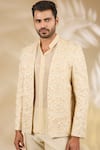 Buy_Rabani & Rakha_Beige Georgette Embroidery, Sequins Thread And Bandhgala Set _Online_at_Aza_Fashions