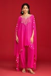 Buy_Megha Pitti_Pink Crepe Tassels, Sequins, Embroidery Pita And Zardozi Cape Kurta & Pant Set _at_Aza_Fashions