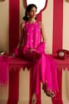 Buy_Megha Pitti_Pink Silk, Organza Embroidery, Sequins, Tassels Round Neck Zardozi Kurta Set _Online_at_Aza_Fashions