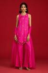 Buy_Megha Pitti_Pink Silk, Organza Embroidery, Sequins, Tassels Round Neck Zardozi Kurta Set _at_Aza_Fashions