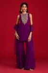 Buy_Megha Pitti_Purple Crepe Embroidery, Sequins, Tassels Round Neck Hand Kurta Sharara Set _at_Aza_Fashions