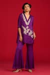 Buy_Megha Pitti_Purple Modal, Satin Zari, Sequins, Embroidery V-neck Hand Kurta And Pant Set _at_Aza_Fashions