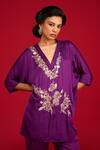 Buy_Megha Pitti_Purple Modal, Satin Zari, Sequins, Embroidery V-neck Hand Kurta And Pant Set _Online_at_Aza_Fashions