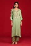 Buy_Megha Pitti_Green Modal, Satin Sequins, Zari, Tassels V-neck And Zardozi Embroidered Kurta Set _at_Aza_Fashions