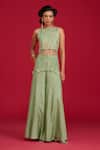 Buy_Megha Pitti_Green Silk, Organza Sequins, Tassels Round Embroidered Crop Top With Flared Pant _at_Aza_Fashions