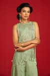 Shop_Megha Pitti_Green Silk, Organza Sequins, Tassels Round Embroidered Crop Top With Flared Pant _Online_at_Aza_Fashions