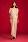 Megha Pitti_Beige Modal, Satin Sequins, Embroidery Off-shoulder Top With Draped Skirt _Online_at_Aza_Fashions