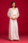 Buy_Megha Pitti_Ivory Linen, Satin, Organza Sequins, Piping Embroidered Jacket Pant Set _at_Aza_Fashions
