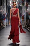 Maisolos_Red Georgette, Net Embroidery, Zari, Blouse With Pre-draped Lehenga Saree _Online
