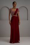 Buy_Maisolos_Maroon Georgette, Net Embroidery, Sequins, Metallic Blouse With Pre-draped Saree _at_Aza_Fashions