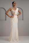 Buy_Maisolos_Ivory Georgette, Net Embroidery, Sequins, Zari Blouse With Pre-draped Saree _at_Aza_Fashions